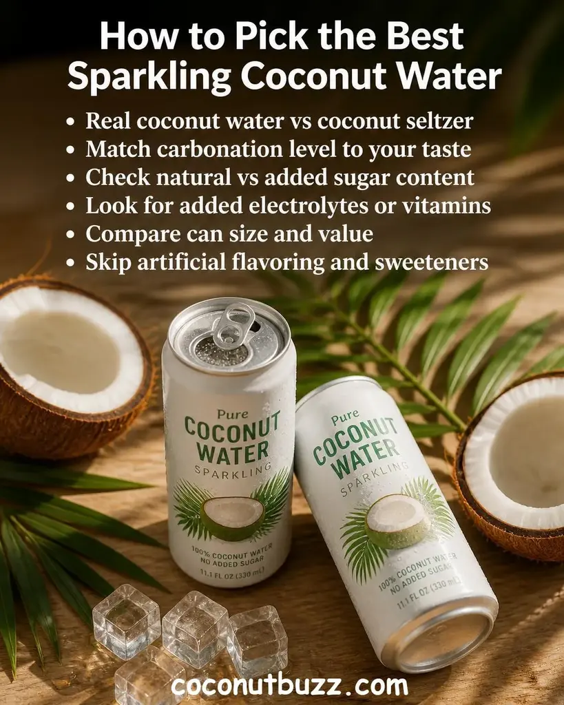Two chilled sparkling coconut water cans with condensation surrounded by halved coconuts, palm leaves, and ice cubes on warm light wood surface in bright natural light - best sparkling coconut water