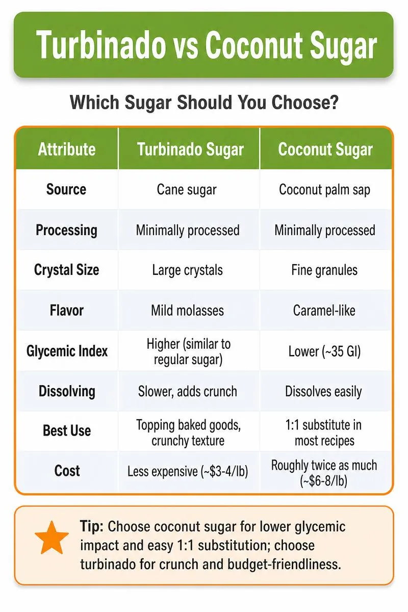 Infographic comparing turbinado sugar vs coconut sugar: source, flavor, glycemic index, cost, best uses, and a buying tip