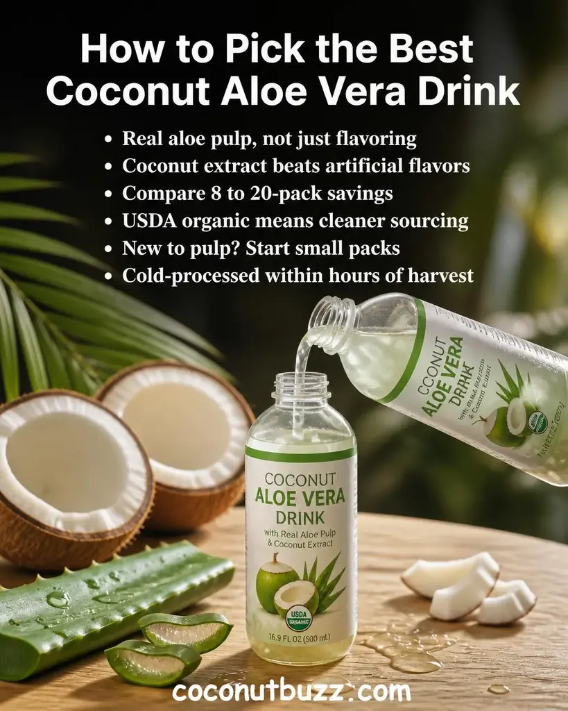 Two clear bottles of coconut aloe vera drink with visible aloe pulp chunks, whole coconut halves and fresh aloe vera leaf on warm light wood surface with green palm leaf and bright natural light - best coconut aloe vera drink