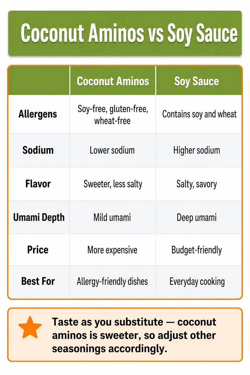 Comparison infographic of coconut aminos vs soy sauce covering allergens, sodium, flavor, umami, price, and cooking substitution tips.