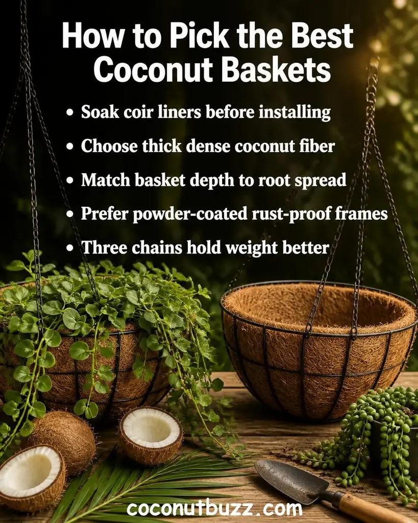 Two wire-frame hanging baskets with coconut coir liners and trailing green plants on warm light wood surface with halved coconut shells, palm leaf, and gardening trowel nearby in soft natural sunlight - coconut baskets for hanging gardens