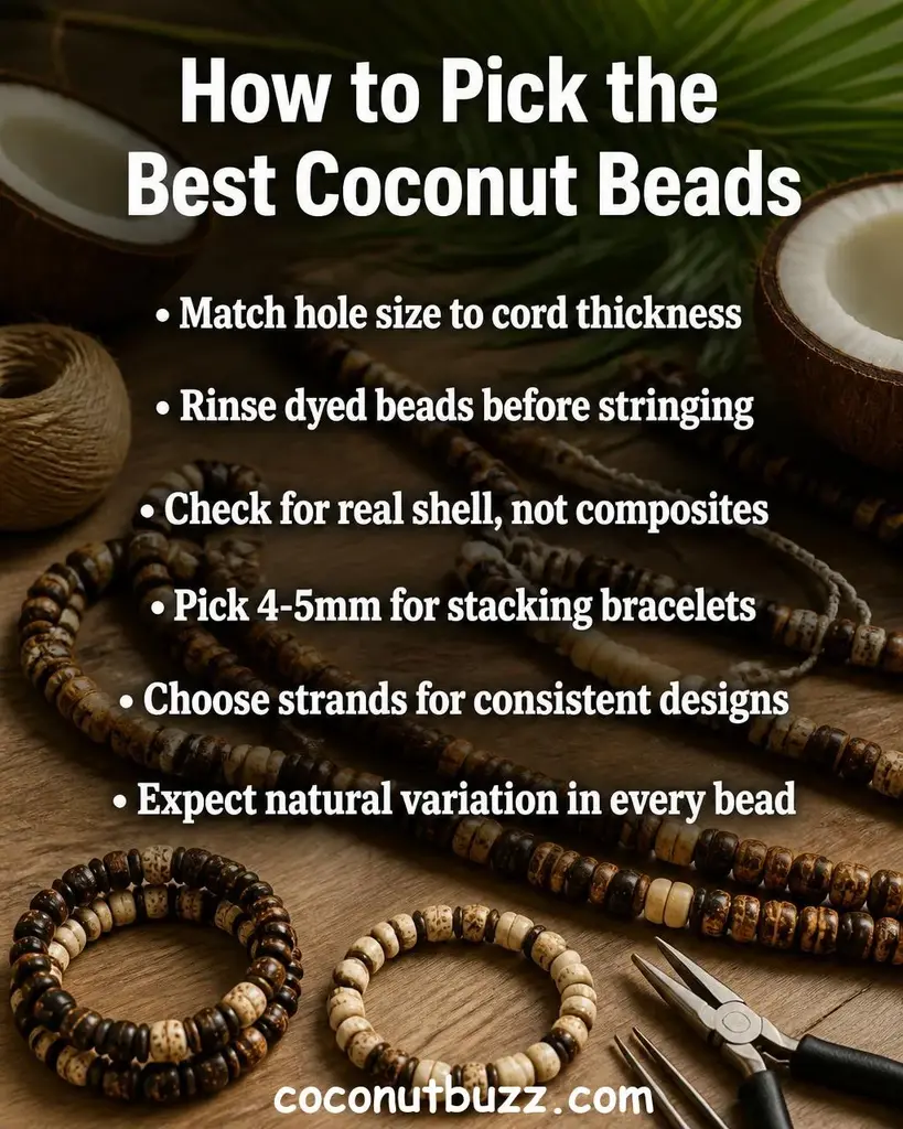 Strands of brown and black coconut shell beads with beading cord and finished bracelets on warm light wood surface, coconut halves and palm leaf nearby — best coconut beads for handmade jewelry