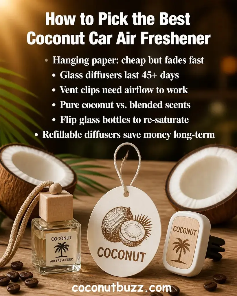 Assorted coconut car air fresheners including a glass bottle diffuser with wooden cap, a hanging paper freshener, and a vent clip arranged on a warm light wood surface beside a halved coconut, green palm leaf, and soft natural bokeh background in orange and brown tones - best coconut car air freshener