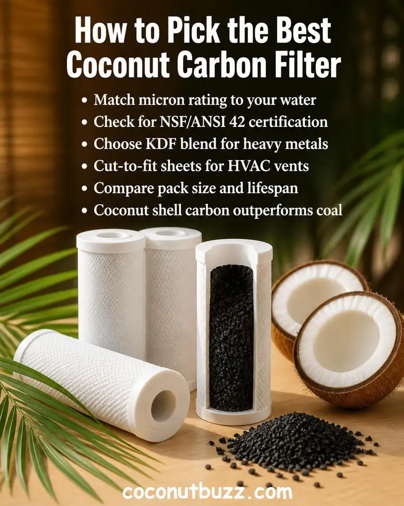 White coconut shell activated carbon water filter cartridges with loose dark carbon granules, halved coconut and green palm leaf on warm light wood surface - best coconut carbon filter