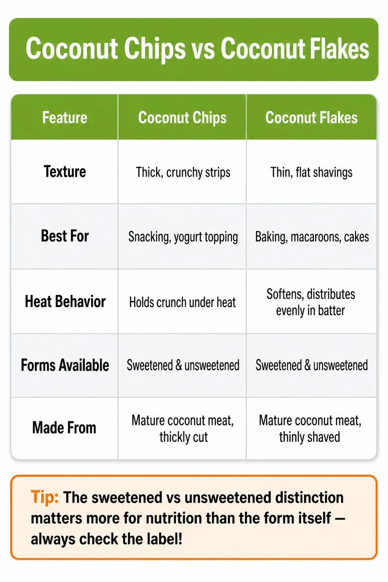 Comparison infographic: coconut chips vs coconut flakes covering texture, uses, heat behavior, and nutrition tips