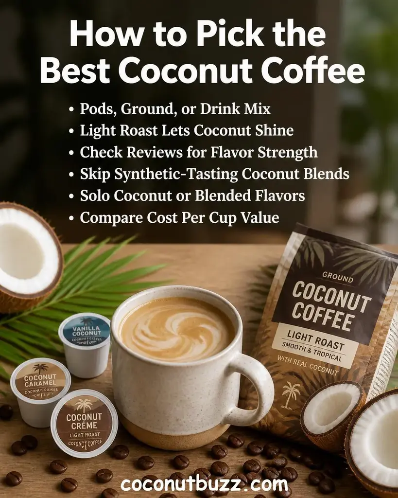 Ceramic mug of coffee with coconut milk swirl, K-Cup pods, bag of ground coffee, halved coconuts, palm leaf, and roasted coffee beans on warm light wood surface - best coconut coffee