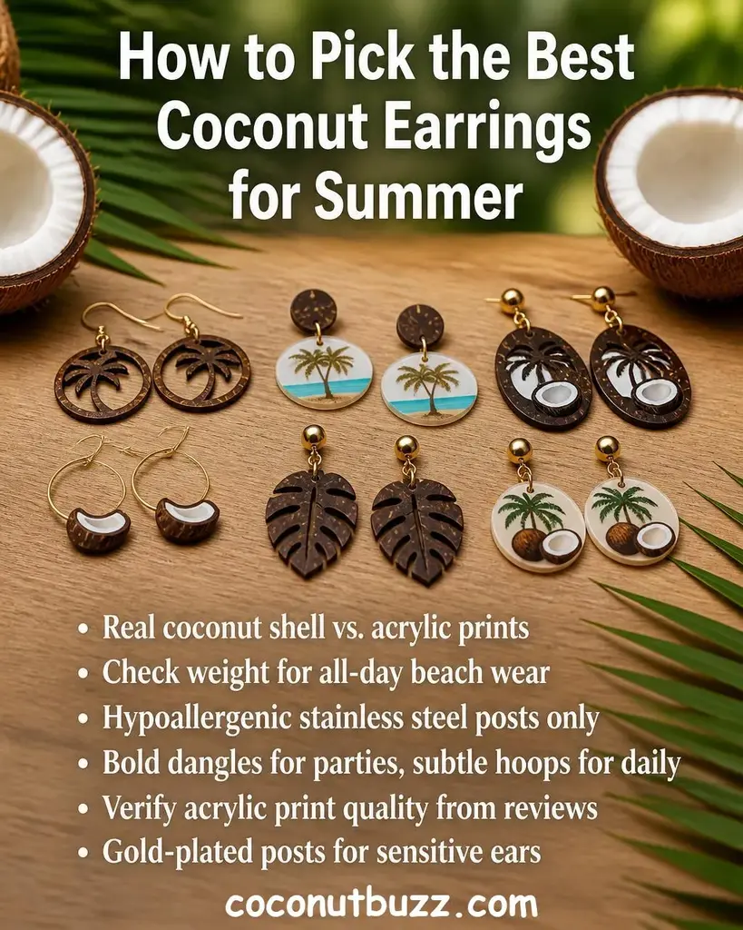 Several pairs of coconut shell and acrylic tropical earrings displayed on warm light wood with halved coconuts and green palm leaves in bright natural light - best coconut earrings for summer