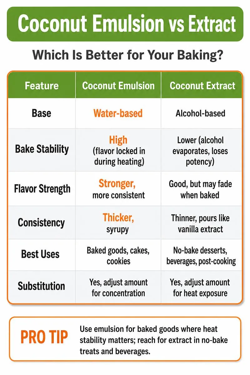 Coconut emulsion vs extract comparison infographic showing key differences in base, bake stability, flavor, and best uses