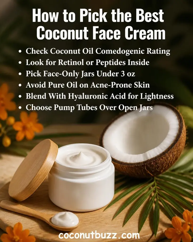White ceramic face cream jar with open lid showing creamy texture, halved coconut with fresh white flesh and green palm leaf on warm light wood surface, soft natural bokeh background with warm orange tones - best coconut face creams