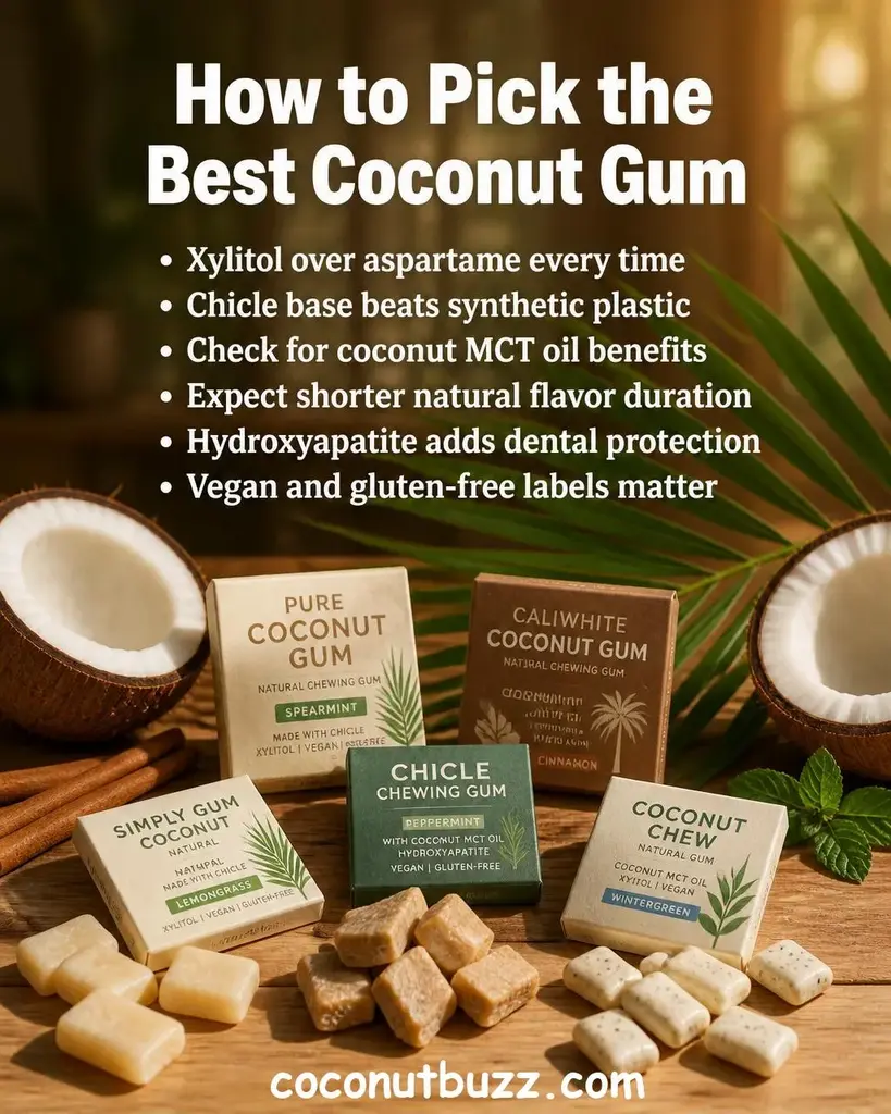 Natural chewing gum pieces and small gum packs with halved coconuts and green palm leaf on warm light wood surface, bright natural lighting, orange and brown tones - best coconut gum