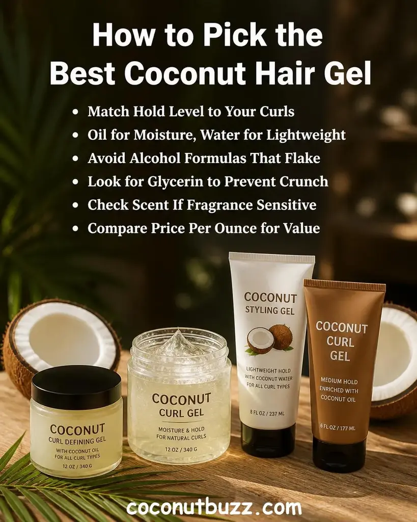 Hair gel jars and tubes with halved coconut and palm leaf on light wood surface with warm orange tones - best coconut hair gels
