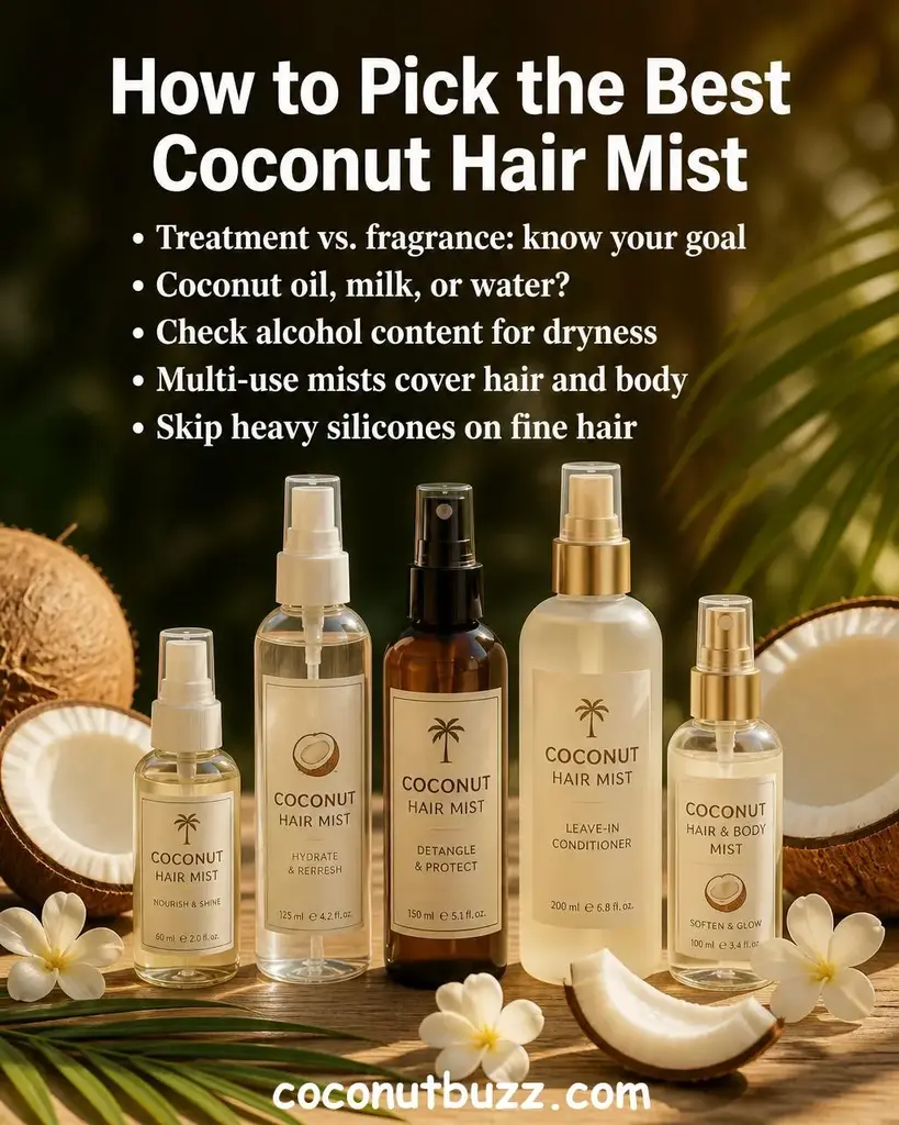 Several coconut hair mist spray bottles arranged on warm light wood surface with halved coconut, palm leaf, and white flowers, soft golden bokeh background - best coconut hair mist