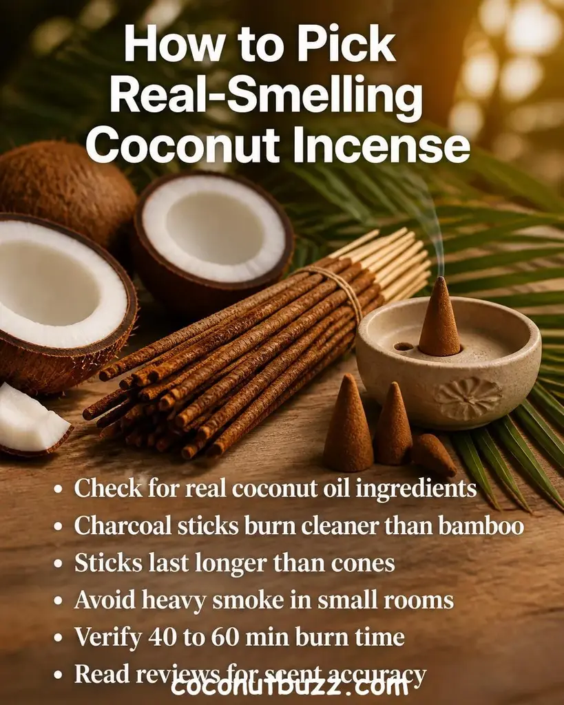 Coconut incense sticks and cones arranged beside halved coconut and palm leaf on light wood surface with warm natural lighting - best coconut incense products