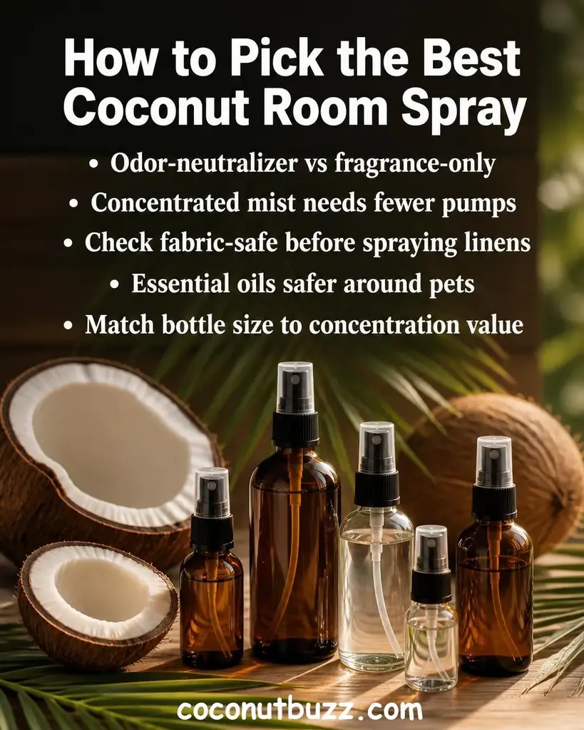 Coconut room spray bottles arranged on warm light wood surface with halved coconut, green palm leaf, and soft natural light bokeh background - best coconut room spray