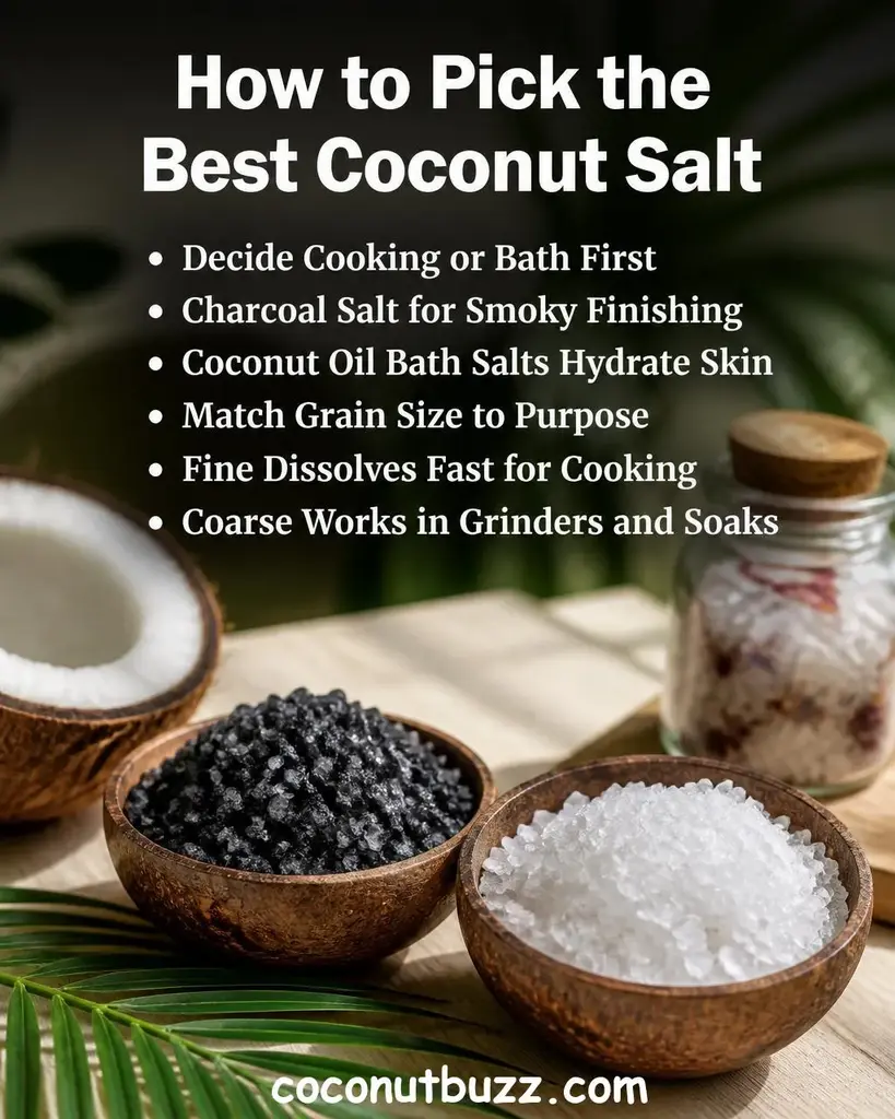 Two small wooden bowls filled with black charcoal sea salt and white coarse sea salt beside halved coconut and green palm leaf on light marble surface - best coconut salt for cooking and soaking