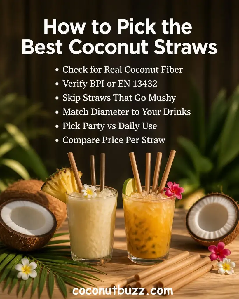 Plant-based fiber coconut straws standing in clear glasses with halved coconut and green palm leaf on warm light wood surface - best coconut straws