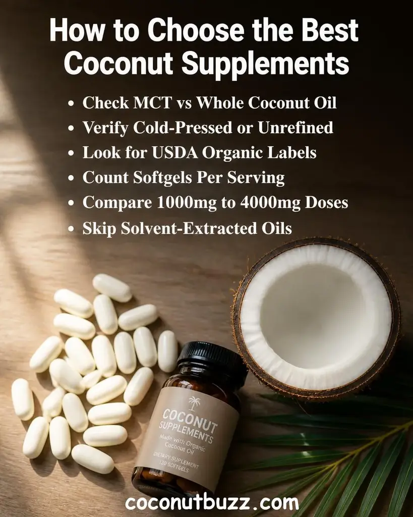 White softgel capsules spilled beside a halved coconut and green palm leaf on a warm light wood surface with soft natural bokeh background - best coconut supplements