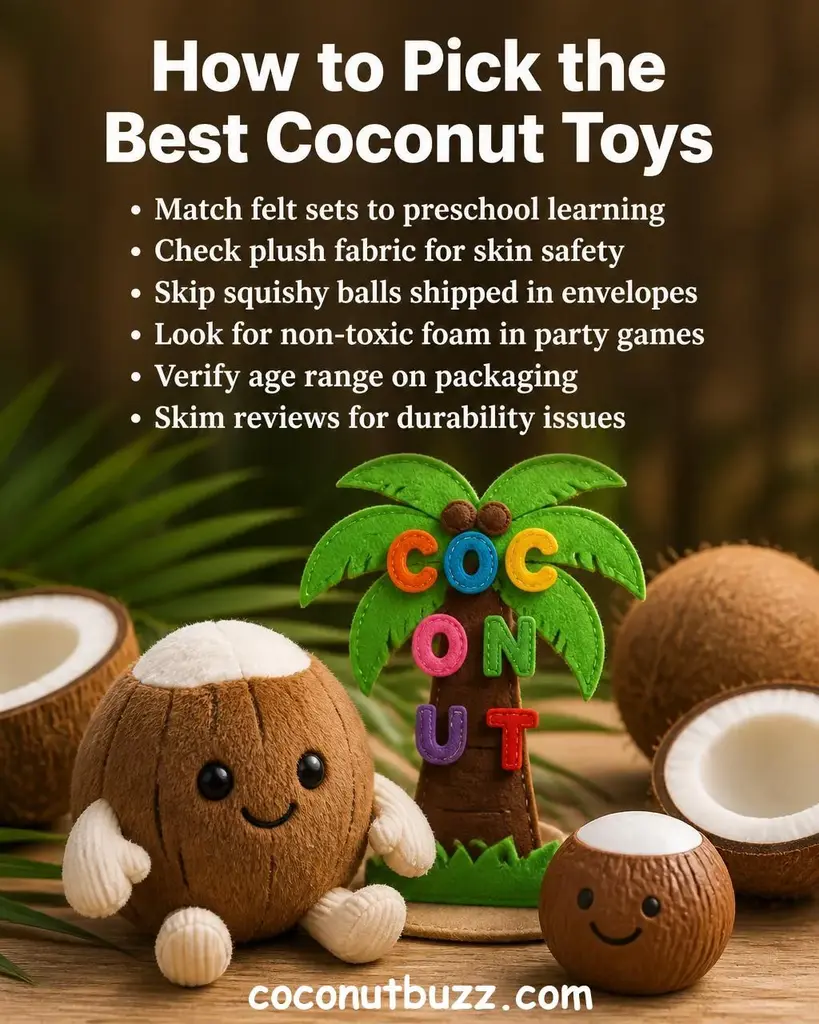 Plush smiling coconut figure, colorful felt coconut tree with Velcro alphabet letters, and squishy coconut stress ball on warm light wood surface with coconut halves and palm leaf in soft bokeh background - best coconut toys