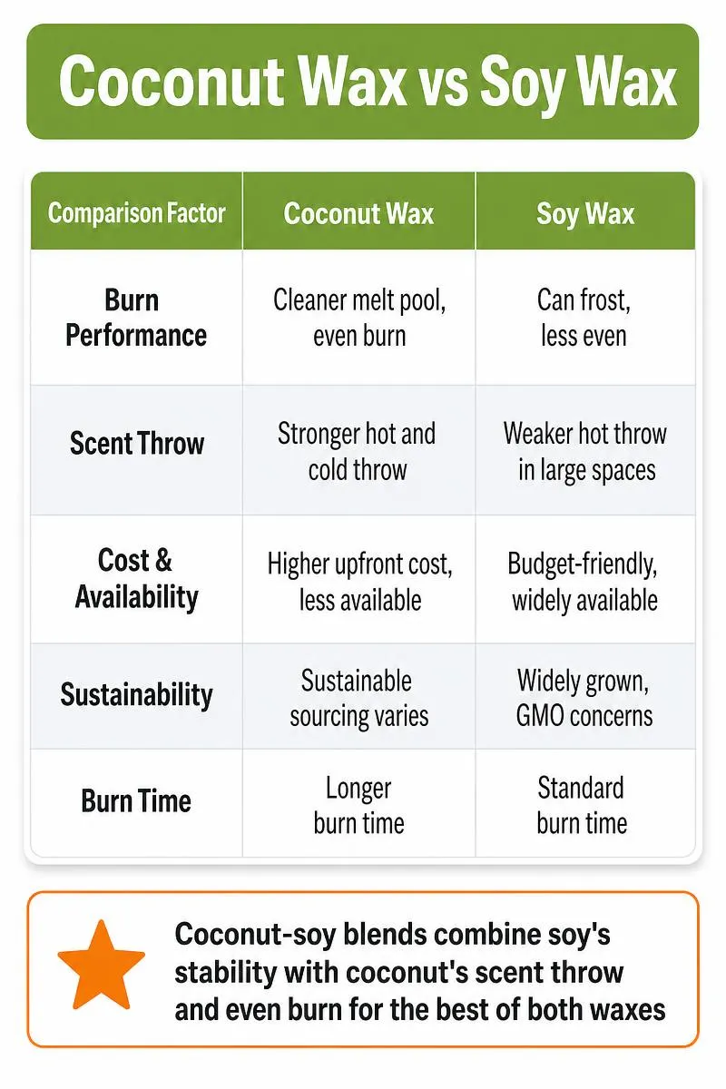 Coconut wax vs soy wax candle comparison infographic with burn, scent, cost, and sustainability data