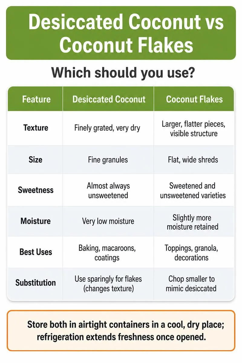 Infographic comparing desiccated coconut vs coconut flakes: texture, size, sweetness, moisture, best uses, and storage tips.