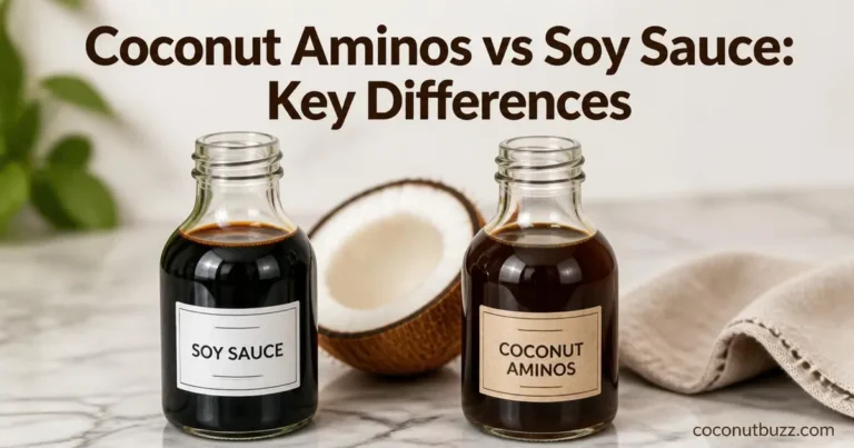 Two glass bottles of coconut aminos and soy sauce side by side on marble counter with halved coconut piece nearby