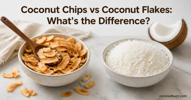 Side-by-side bowls of golden coconut chips and white coconut flakes on light marble with a piece of fresh coconut shell behind, natural light