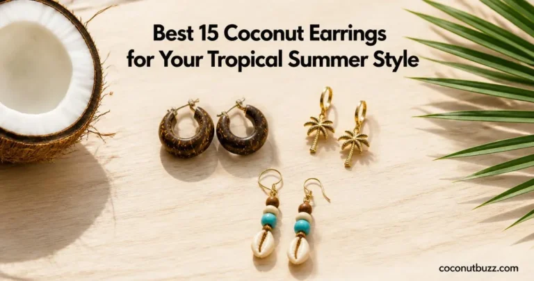 coconut earrings — shell hoop, coconut-tree studs, and lightweight beaded dangles arranged on light wood with a halved coconut and palm leaf