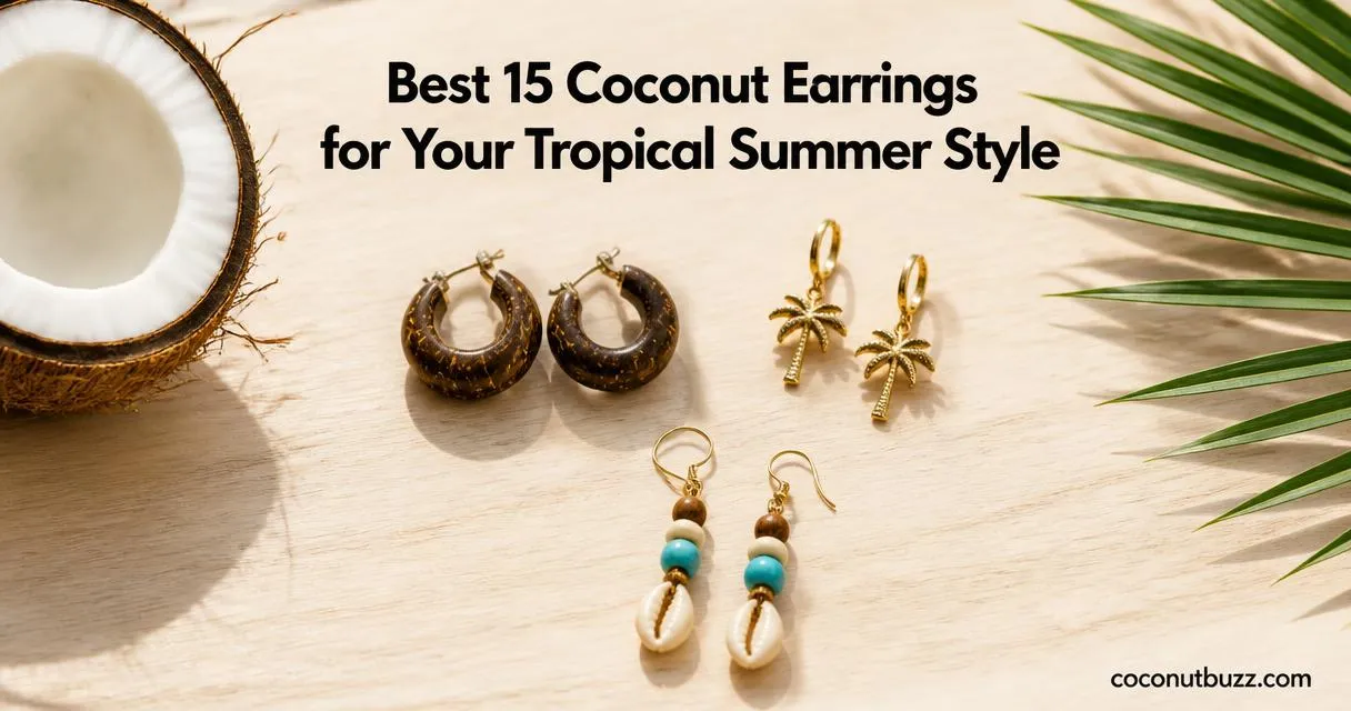 coconut earrings — shell hoop, coconut-tree studs, and lightweight beaded dangles arranged on light wood with a halved coconut and palm leaf
