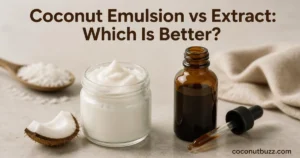 Side by side jars of thick white coconut emulsion with coconut shell piece and dark amber bottle of coconut extract on neutral background