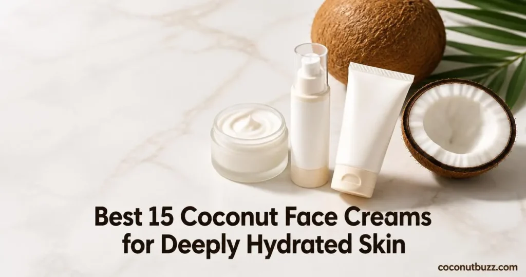 Coconut face creams: three unbranded jars and tubes on light marble with halved coconut and palm leaf
