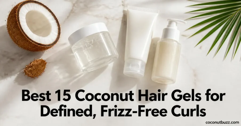Coconut hair gels: three unlabeled gel jars and tubes arranged on light marble with halved coconut and palm leaf