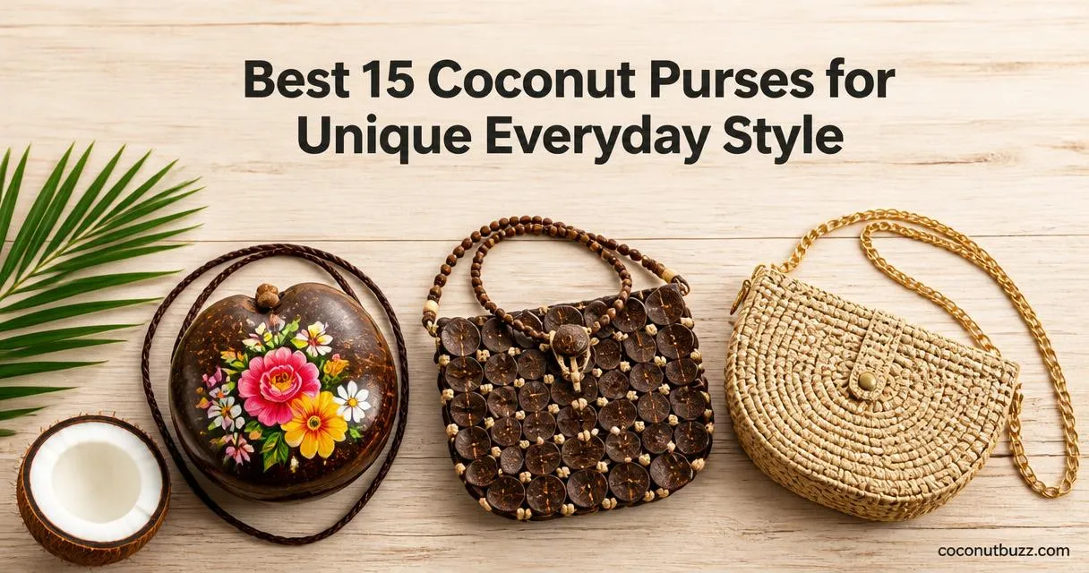 coconut purses: three shell and straw crossbody bags on light wood flatlay with a halved coconut and palm leaf