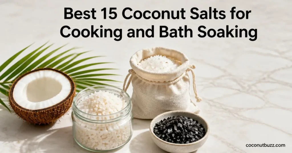 coconut salt jar, muslin bag and small bowl of charcoal Hawaiian salt with halved coconut and palm leaf on light marble