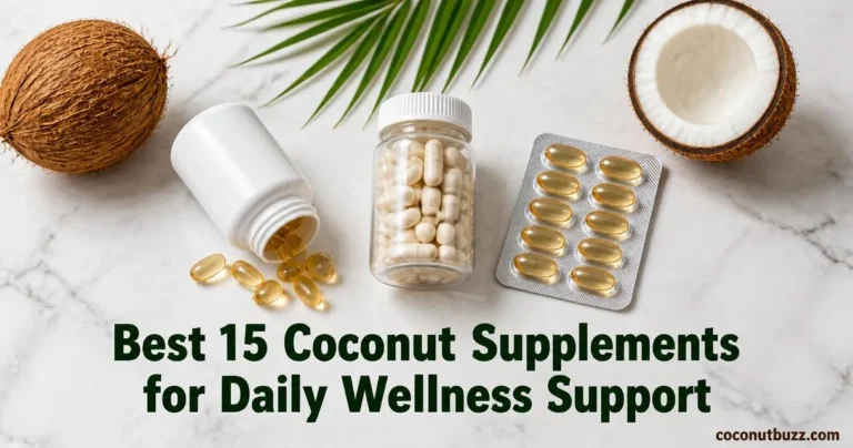 coconut supplements: three unlabeled softgel bottles and blister pack with halved coconut and palm leaf on light marble surface