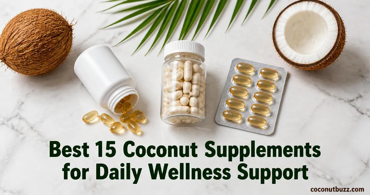 coconut supplements: three unlabeled softgel bottles and blister pack with halved coconut and palm leaf on light marble surface