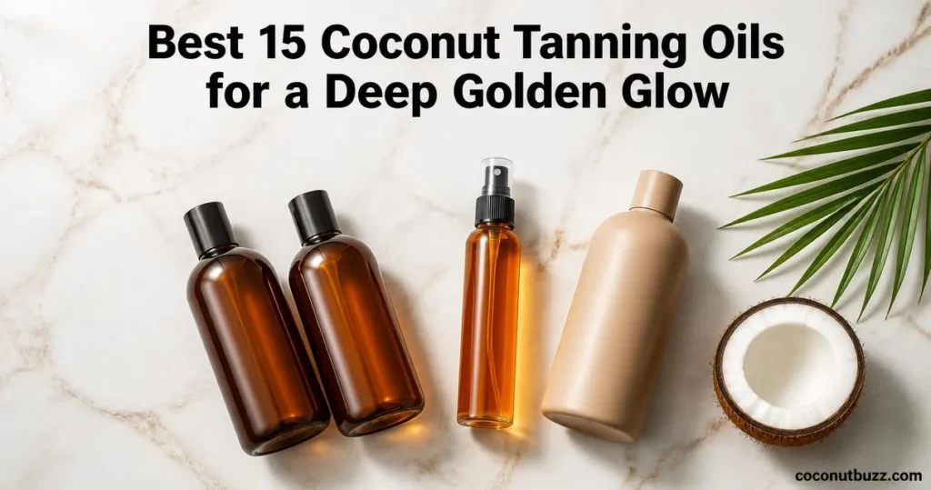 coconut tanning oils: three unlabeled tanning oil bottles with a halved coconut and palm leaf on a light marble flatlay