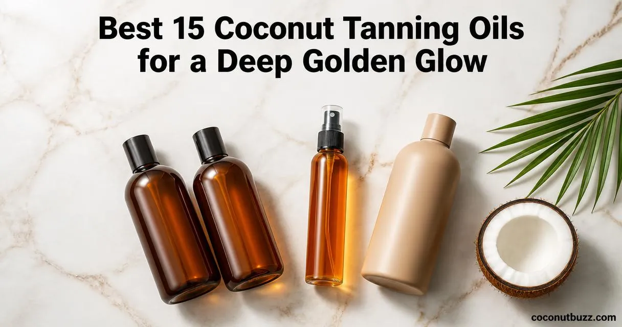 coconut tanning oils: three unlabeled tanning oil bottles with a halved coconut and palm leaf on a light marble flatlay