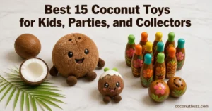 coconut toys: smiling coconut plush, character coconut snack plush, and tiki bowling pins with a halved coconut and palm leaf on light marble