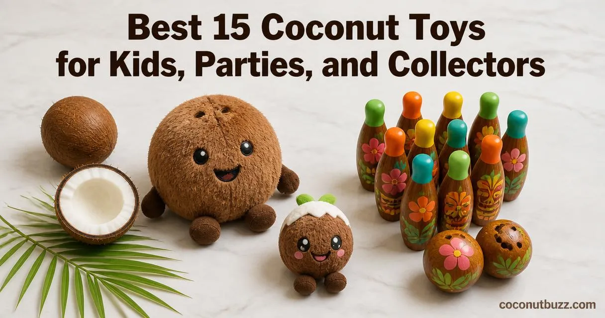 coconut toys: smiling coconut plush, character coconut snack plush, and tiki bowling pins with a halved coconut and palm leaf on light marble