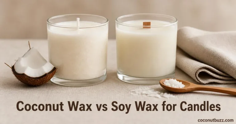 Two candles side by side on natural linen surface with coconut shell piece and wooden spoon dusted with coconut flakes