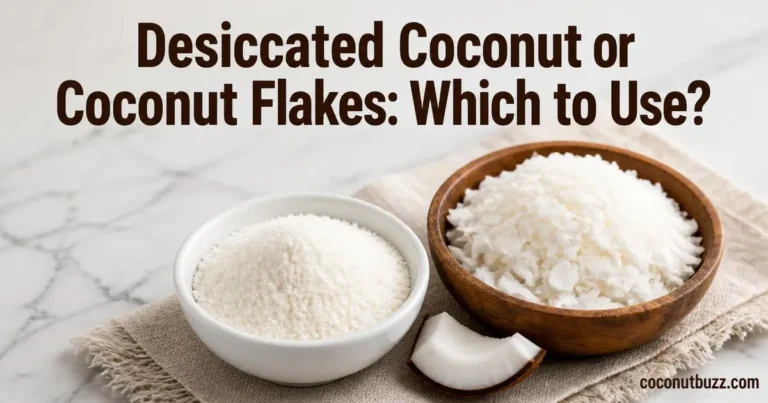 desiccated coconut in white bowl and coconut flakes in wooden bowl side by side on light marble with coconut shell piece