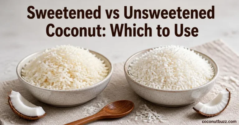 Two bowls side by side with sweetened and unsweetened shredded coconut and piece of coconut shell on neutral background