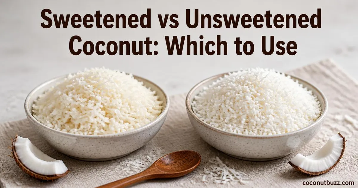 Two bowls side by side with sweetened and unsweetened shredded coconut and piece of coconut shell on neutral background