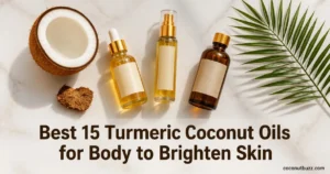 Turmeric coconut oil for body bottles: three amber bottles on a light marble flatlay with a halved coconut and a palm leaf