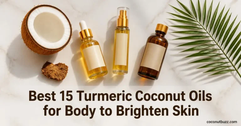 Turmeric coconut oil for body bottles: three amber bottles on a light marble flatlay with a halved coconut and a palm leaf