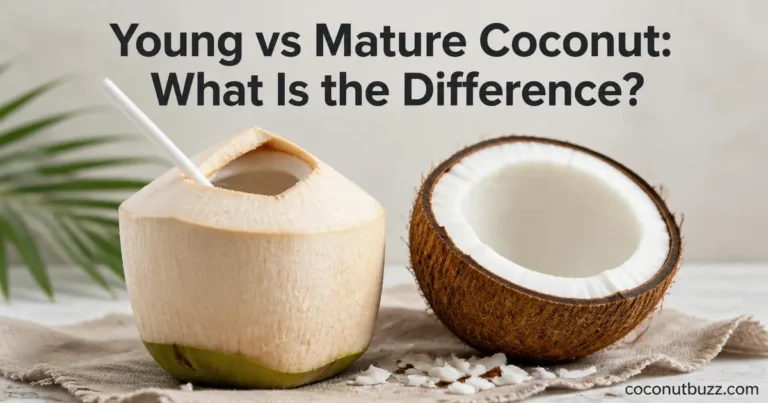 Young coconut cut open with straw and mature coconut half side by side on linen with coconut flakes and title overlay