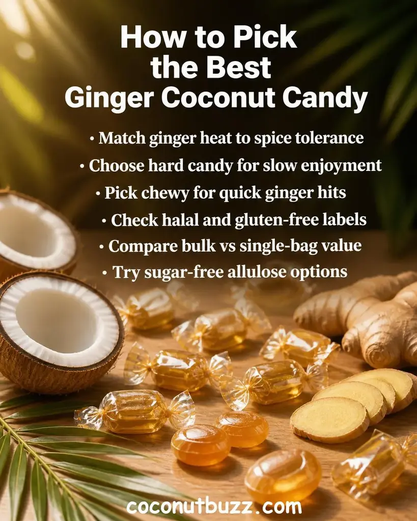 Assorted individually wrapped ginger coconut hard candies in golden cellophane with a few unwrapped amber candies, whole coconut halves, fresh ginger root slices, and a green palm leaf on a warm light wood surface - best ginger coconut candy