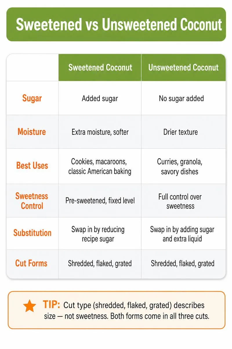 Infographic comparing sweetened vs unsweetened coconut: sugar, moisture, best uses, substitution tips, and cut forms