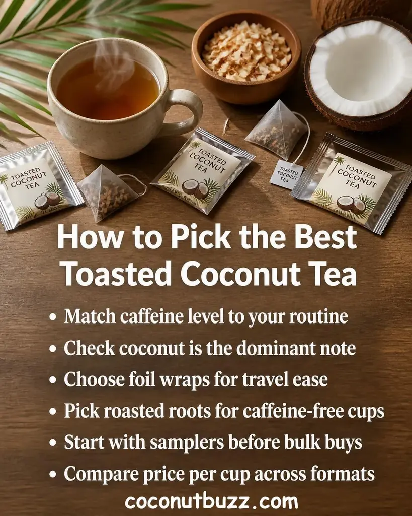 Ceramic teacup of amber tea with steam rising, surrounded by foil-wrapped tea sachets, toasted coconut flakes, halved coconut, and green palm leaf on warm light wood surface - best toasted coconut tea