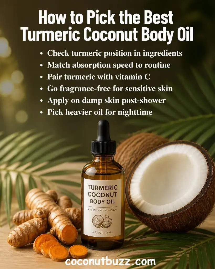 Amber glass body oil bottle surrounded by turmeric root pieces, halved coconut, and green palm leaves on warm light wood surface with soft natural light - turmeric coconut oil for body